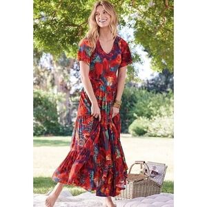 Soft Surroundings Printemps Maxi Dress Size 3X Red Floral Tiered Rayon Boho